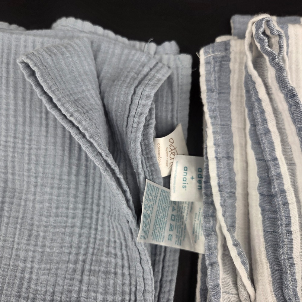 aden + anais Muslin Swaddle Blankets Set Blue White Stripe Solid Lot - Picture 2 of 3